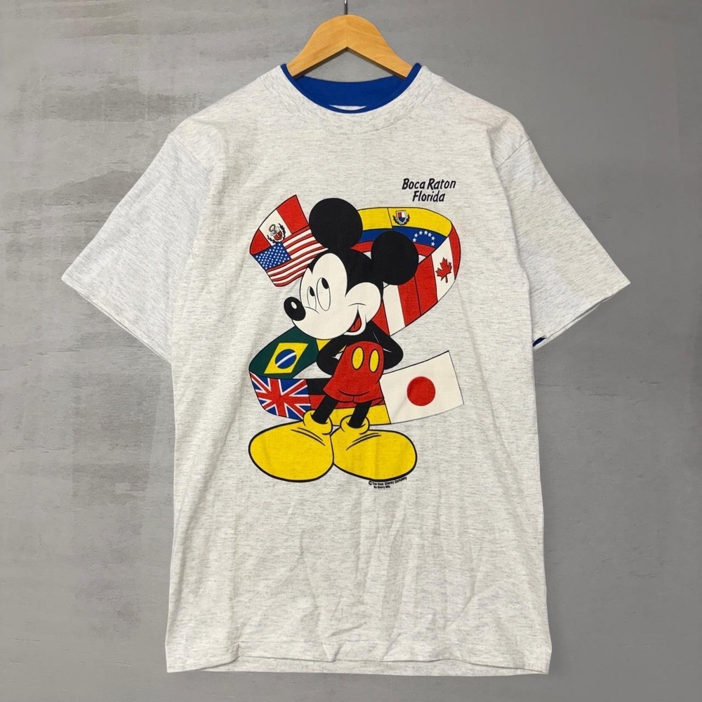 Vintage Mickey Mouse T-Shirt Grey Boca Raton Florida International Flag Medium